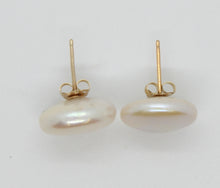 Load image into Gallery viewer, White Coin Pearl Stud Earrings in Yellow Gold E130
