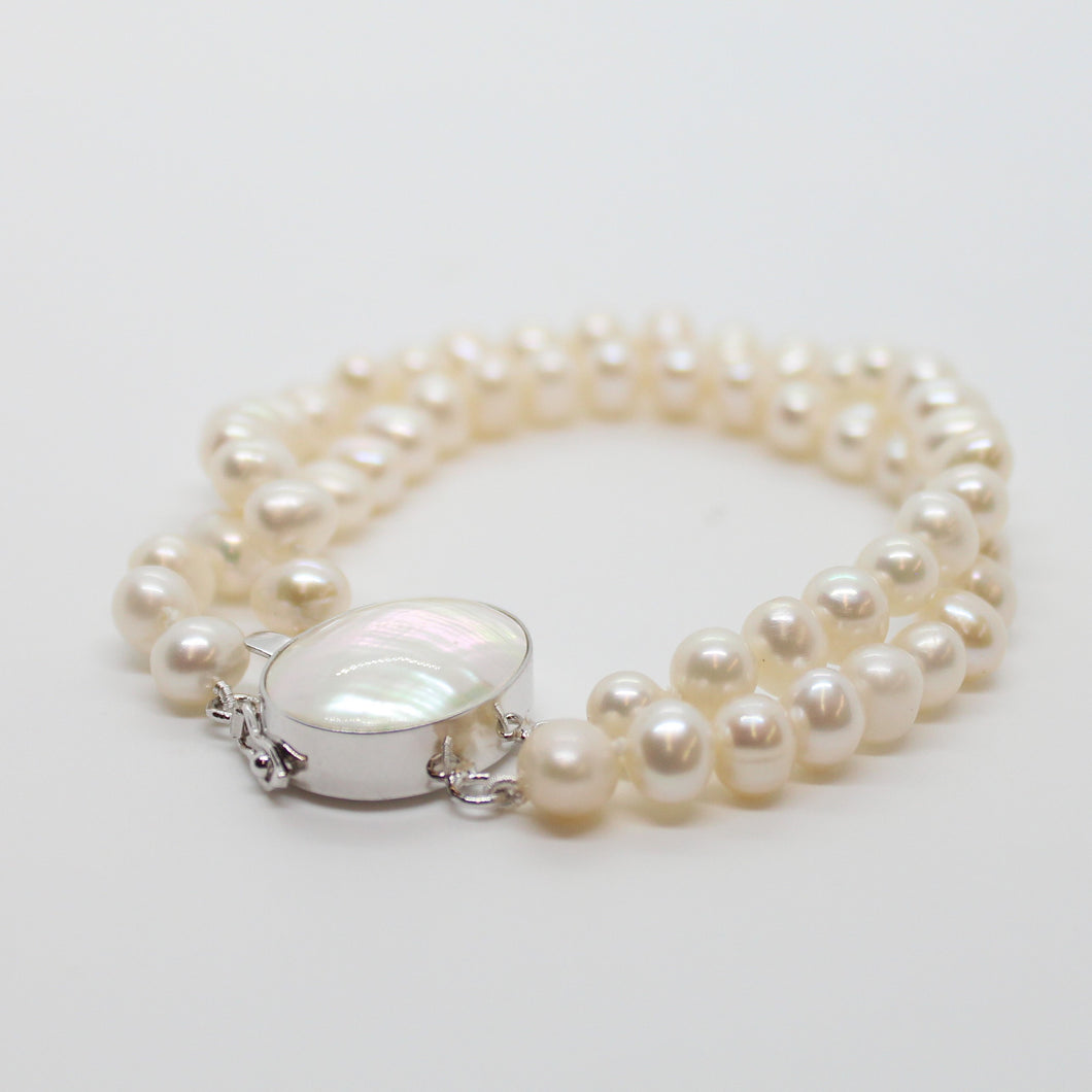 Oval White Pearl 2 Strand with Mabe Clasp Bracelet