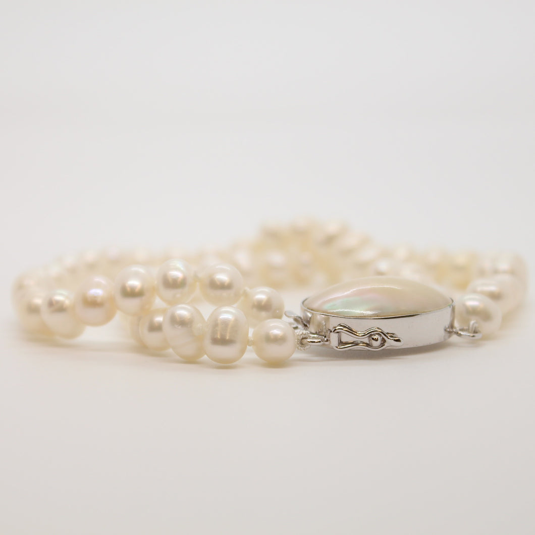 Oval White Pearl Strand Bracelet with Mabe Clasp