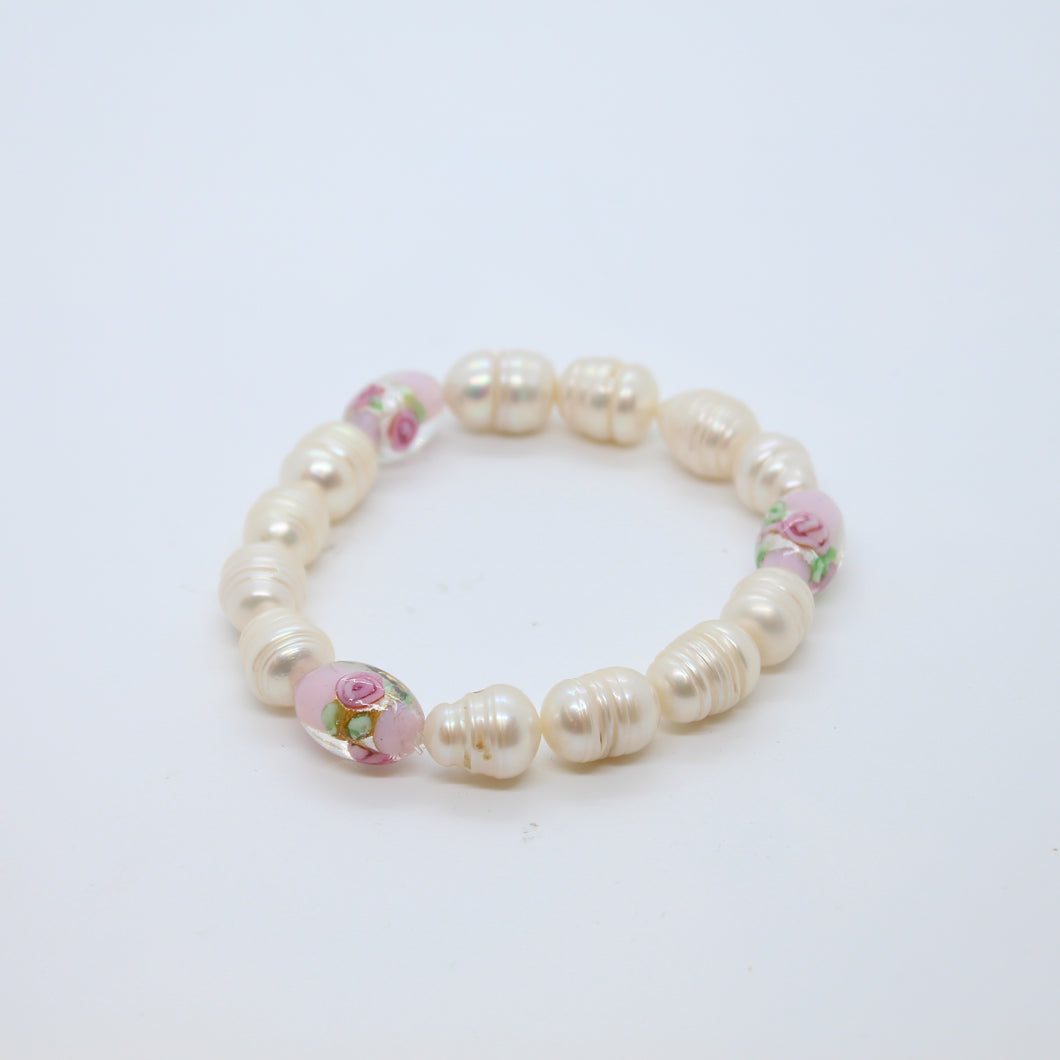 Bracelet, Pearl and Glass Bead Combination on Elastic, 17cm, #247