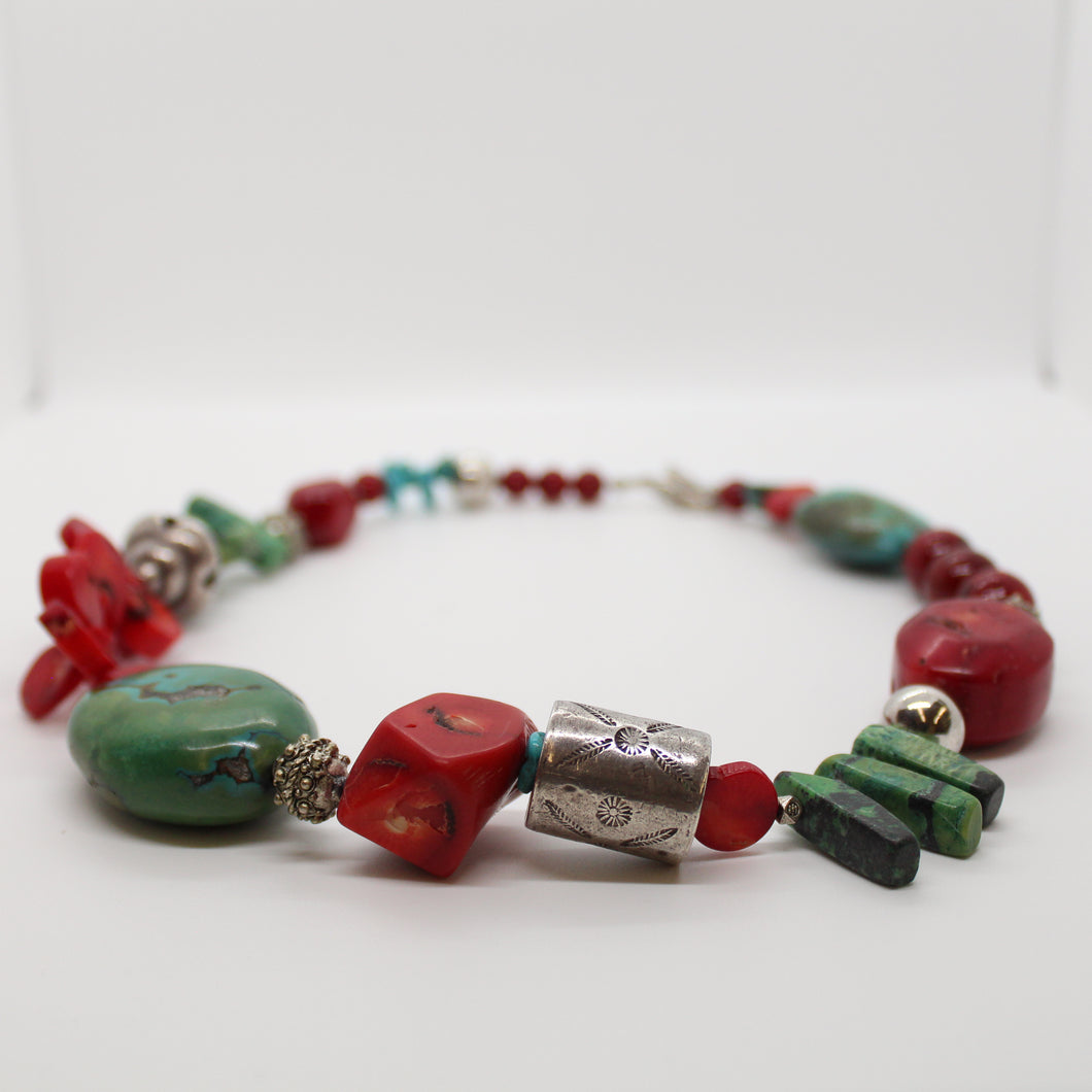 Necklace, Natural Coral and Turquoise Necklace and Silver