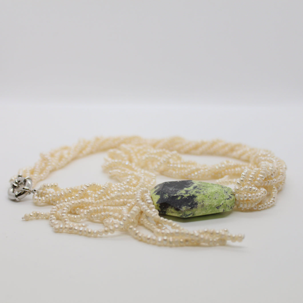 6 Strand Seed Pearl and Natural Green Turquoise Necklace