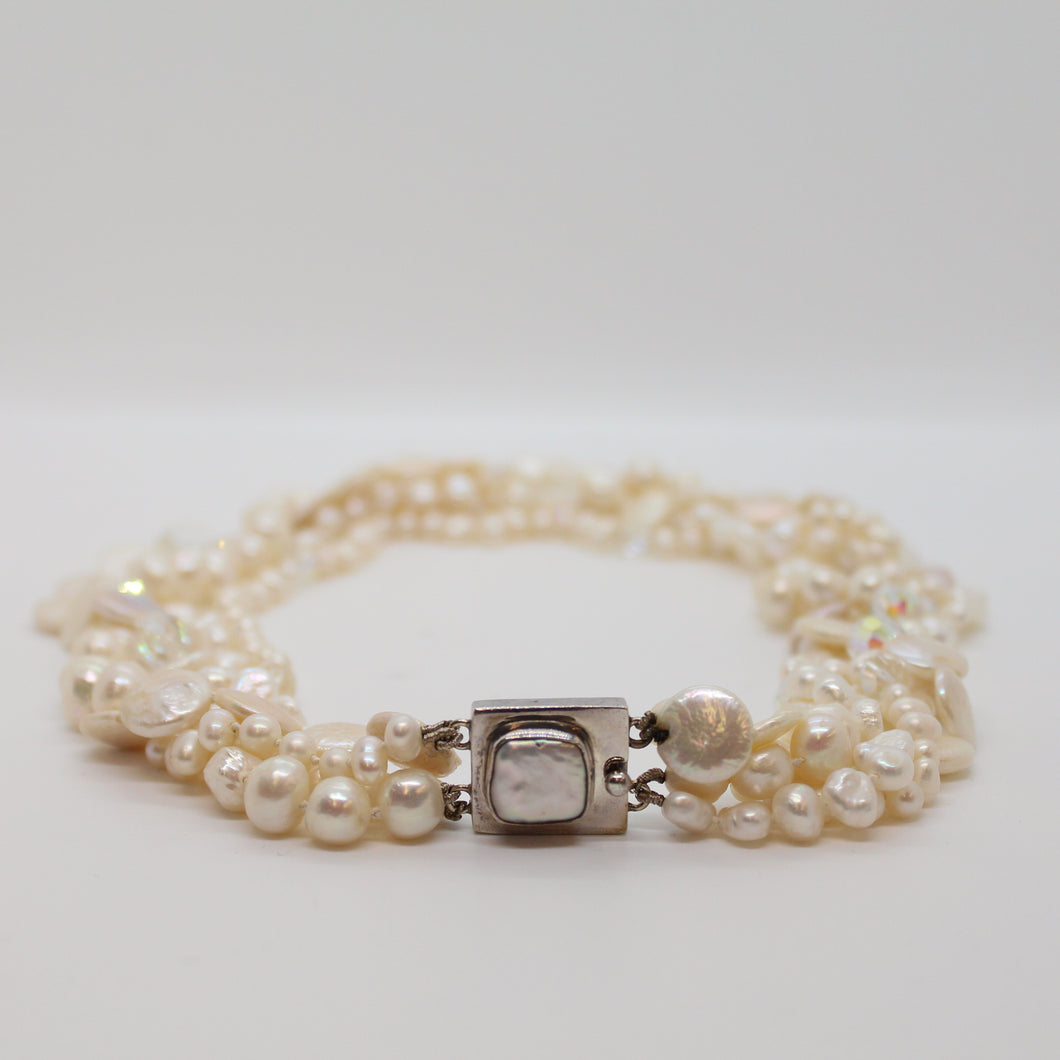 4 Strand White Pearl and Crystal Necklace