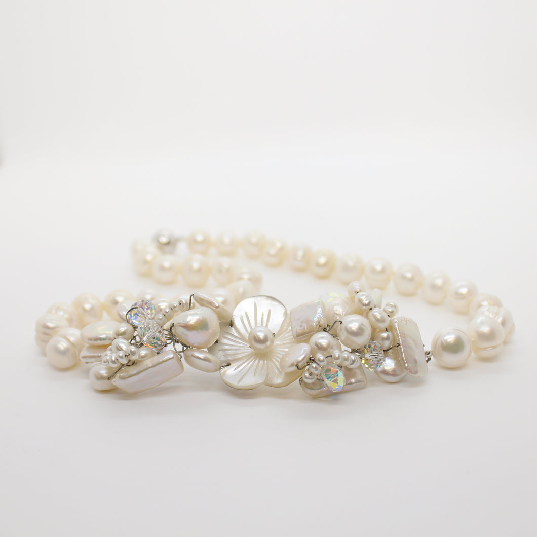 Freshwater White Ringed Baroque Pearl Necklace with Embellished Centre Piece