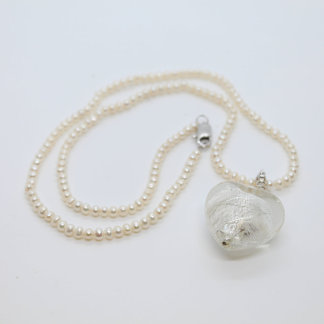 Necklace, Pearl, White Seed Pearl Necklace with Detachable White Heart Drop, #N260