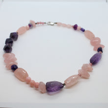 Load image into Gallery viewer, Necklace, Natural Gemstone and Silver, Rose Quartz and Rough Cut Amethyst with Silver, #N219
