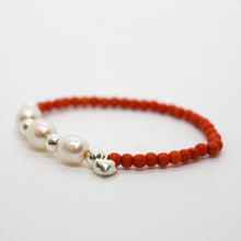 Load image into Gallery viewer, Sunshine Collection, Bracelet, Natural Freshwater White Pearls with Sterling Silver Heart on Orange Howlite
