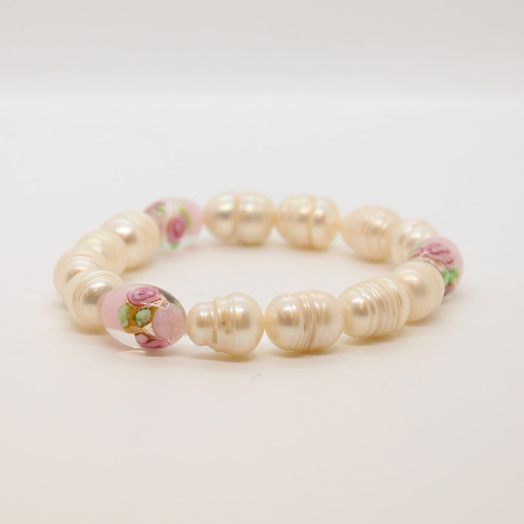 Sunshine Collection, Bracelet, 14mm Pearls with Glass Rose Beads