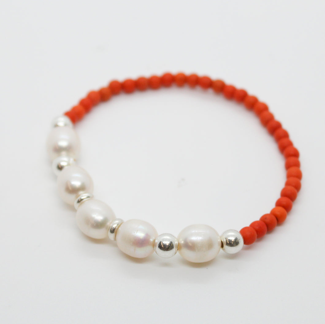 Sunshine Collection, Bracelet, Natural Freshwater White Pearls on Orange Howlite