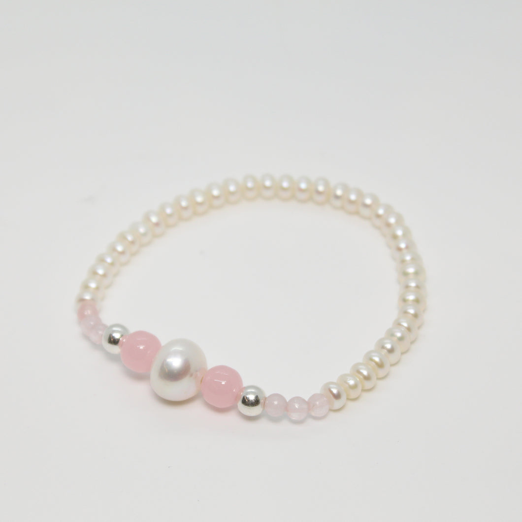 Sunshine Collection, Bracelet, Natural Freshwater White Pearls with Rose Quartz and Silver