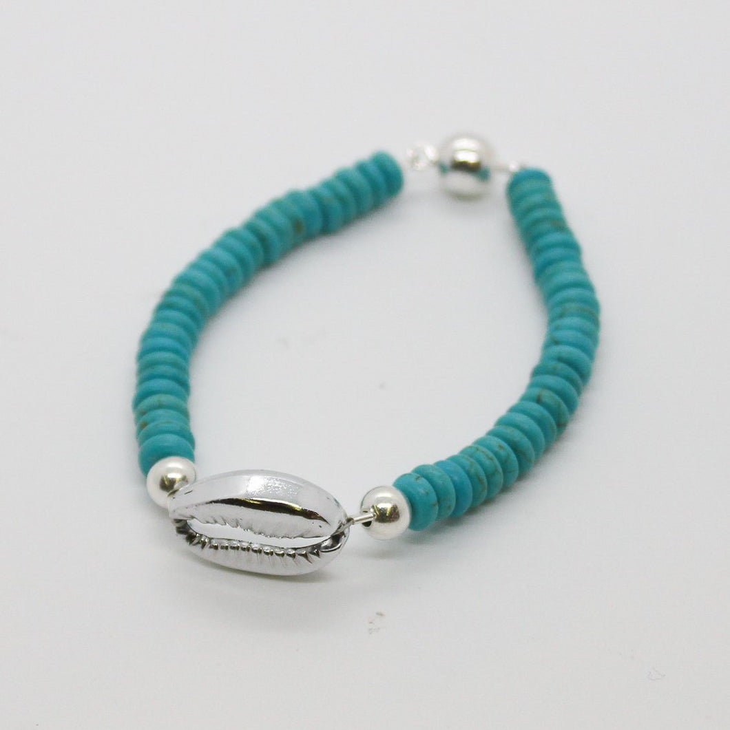 Sunshine Collection, Bracelet, Turquoise Coloured Howlite with Silver Shell and Sterling Silver Beads