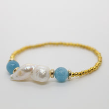 Load image into Gallery viewer, Sunshine Collection, Bracelet, Natural Freshwater White Pearls with Aquamarine Beads and Yellow Rolled Gold Beads
