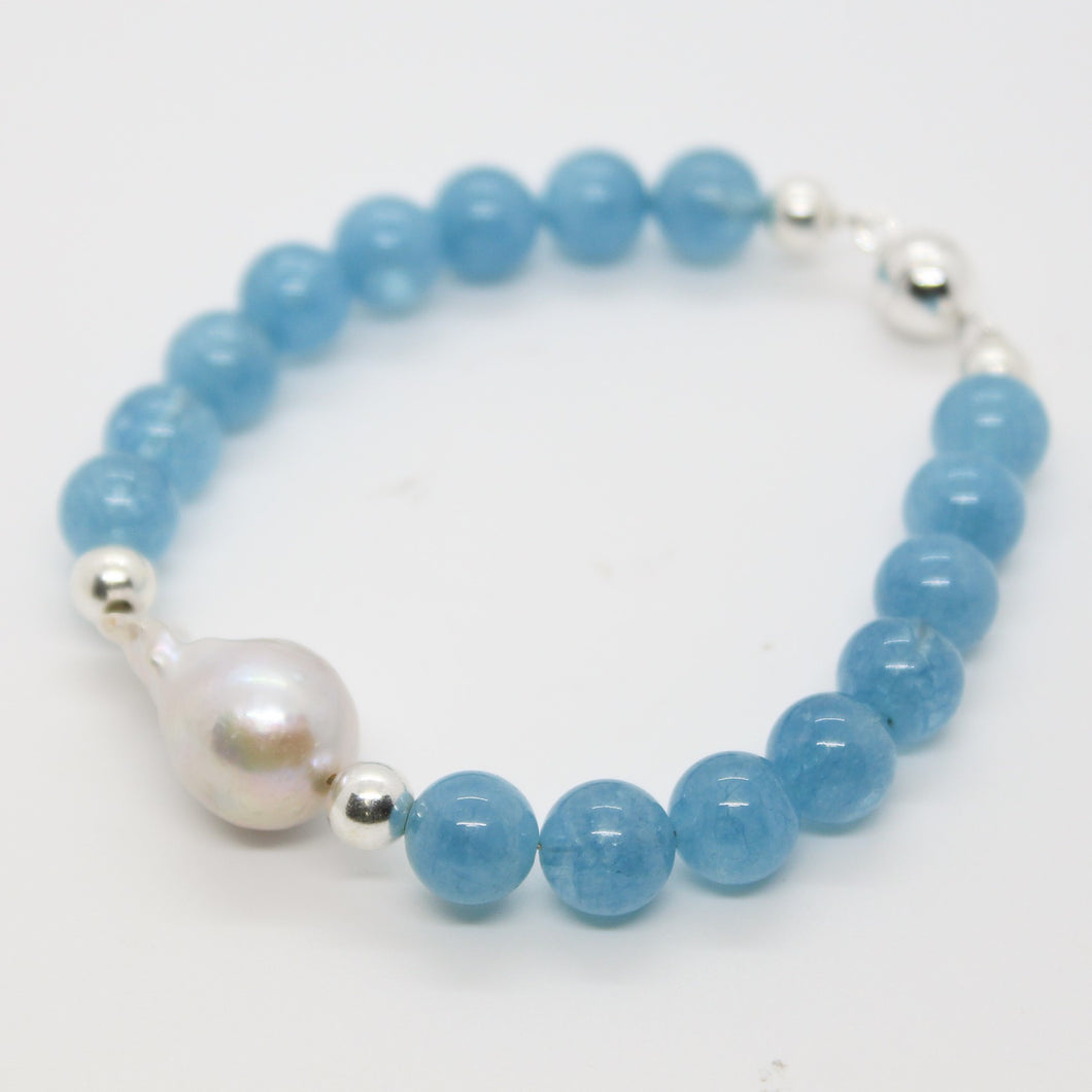 Sunshine Collection, Bracelet, Natural Freshwater White Pearl with Aquamarine Beads