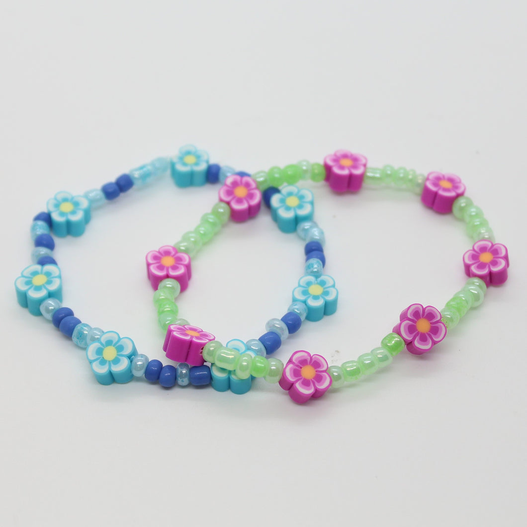 Sunshine Collection, Bracelet, Pale Mixed Colour 4mm Glass Beads with Flowers, Set of 2